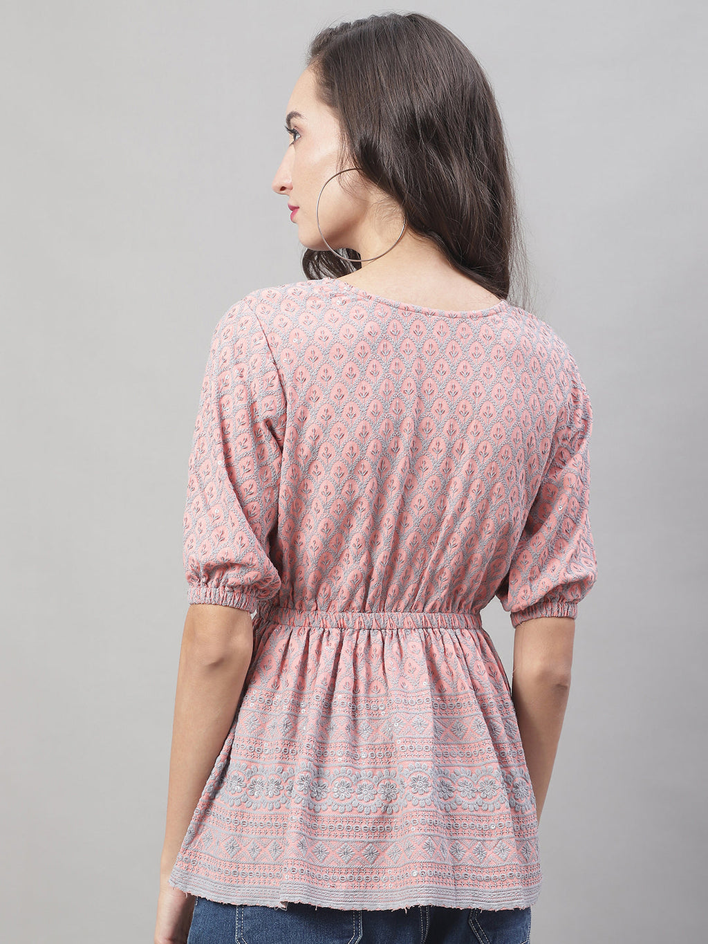 Jainish Women's WoChikankari Work Empire Top - Peach