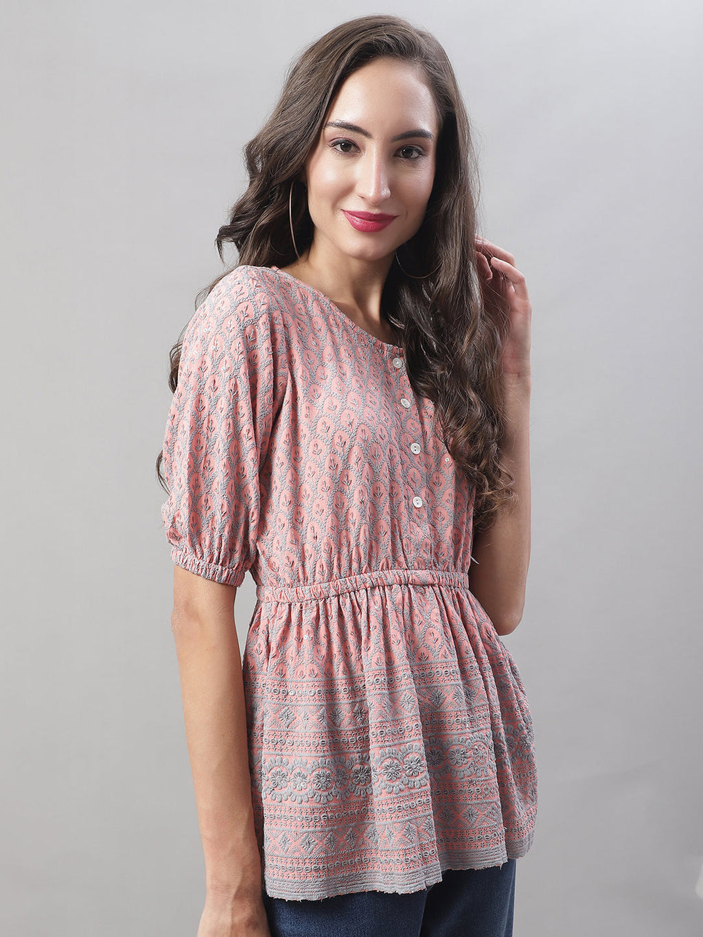 Jainish Women's WoChikankari Work Empire Top - Peach