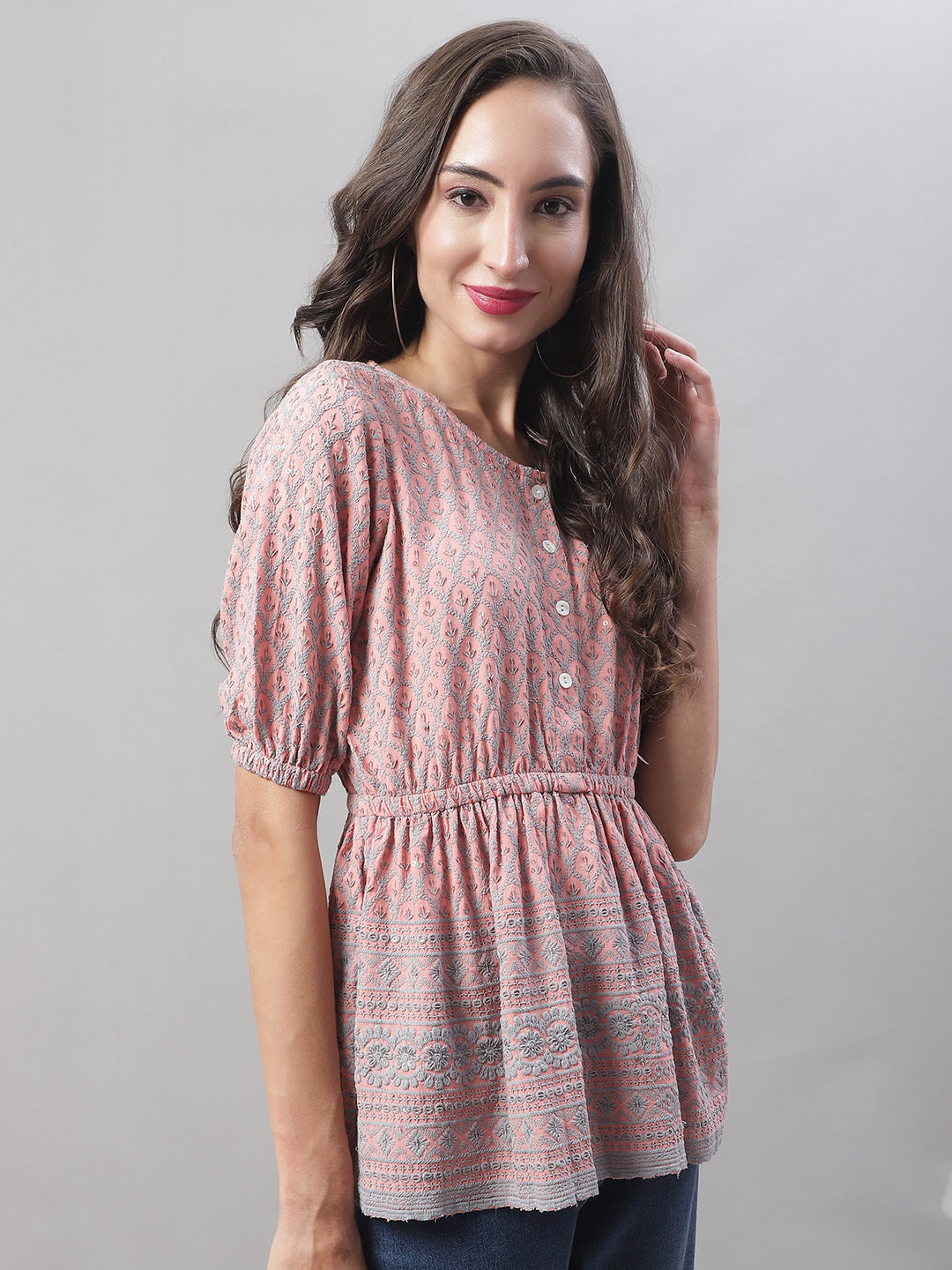 Jainish Women's WoChikankari Work Empire Top - Peach