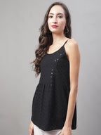 Jainish Women's WoChikankari Sequen Work Empire Top - Black