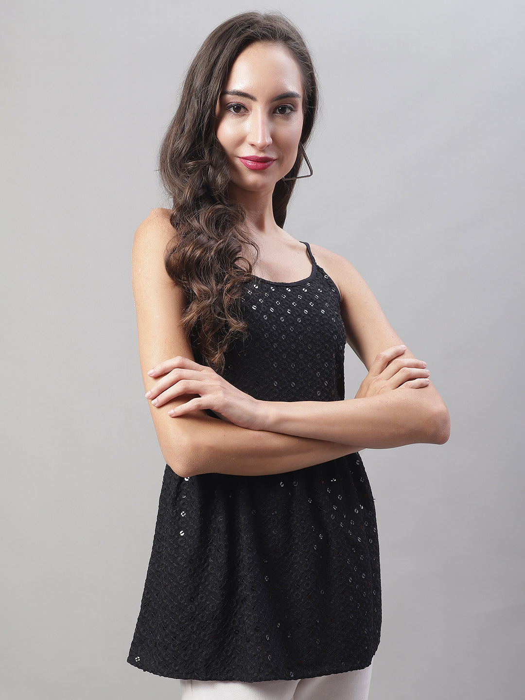 Jainish Women's WoChikankari Sequen Work Empire Top - Black
