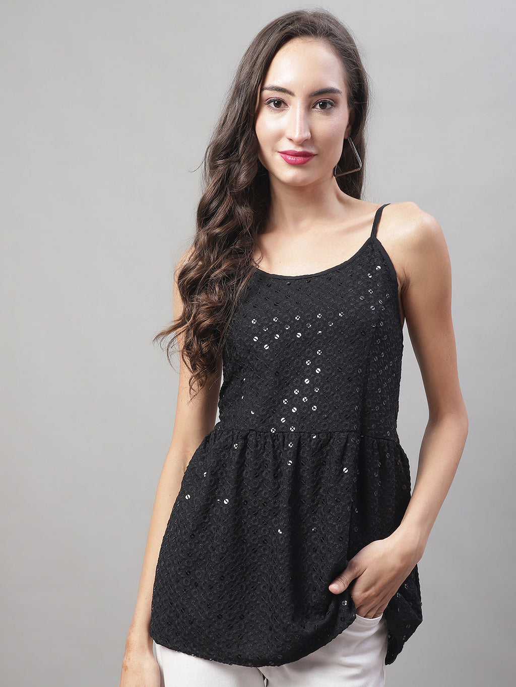 Jainish Women's WoChikankari Sequen Work Empire Top - Black