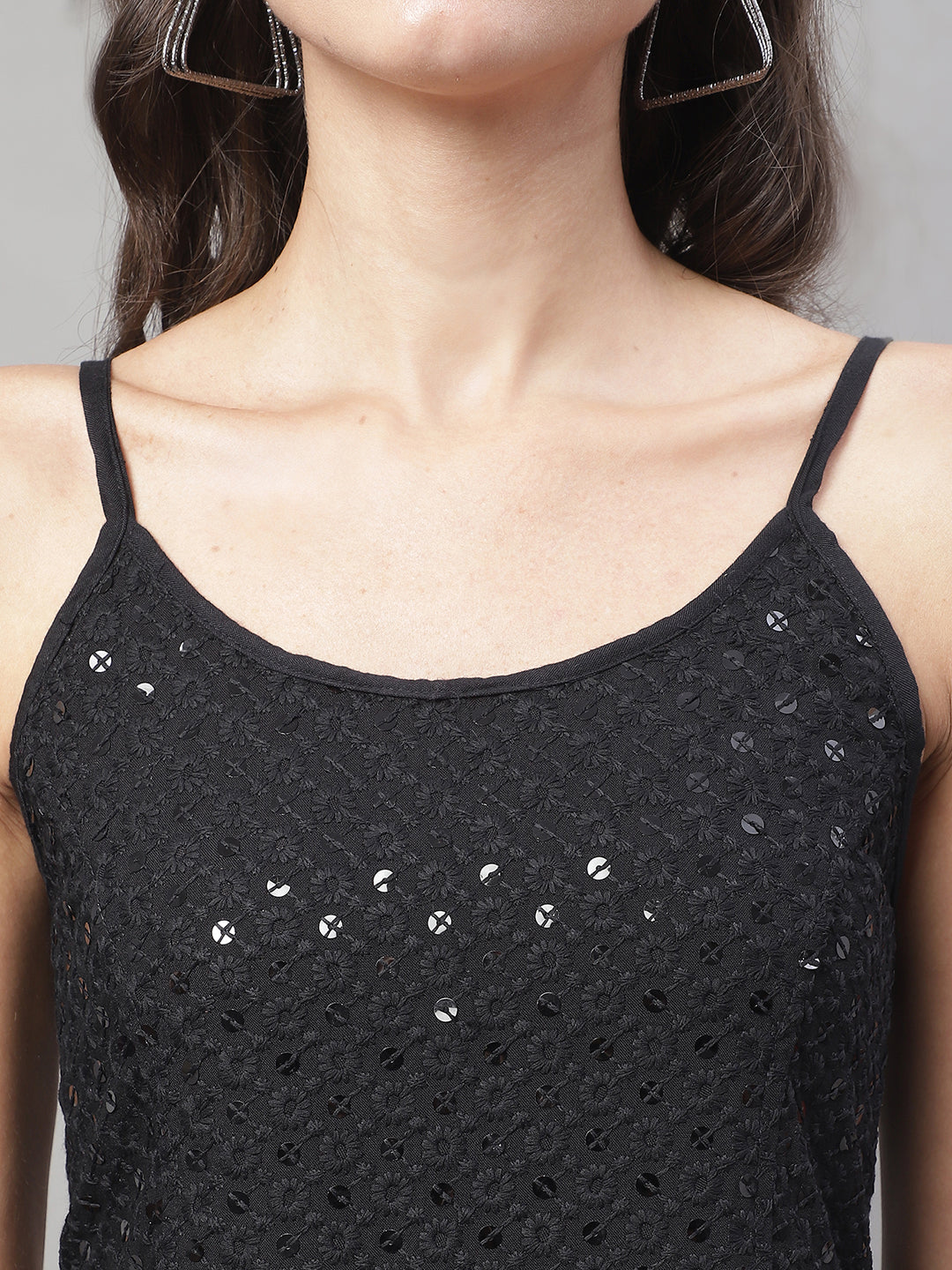 Jainish Women's WoChikankari Sequen Work Empire Top - Black