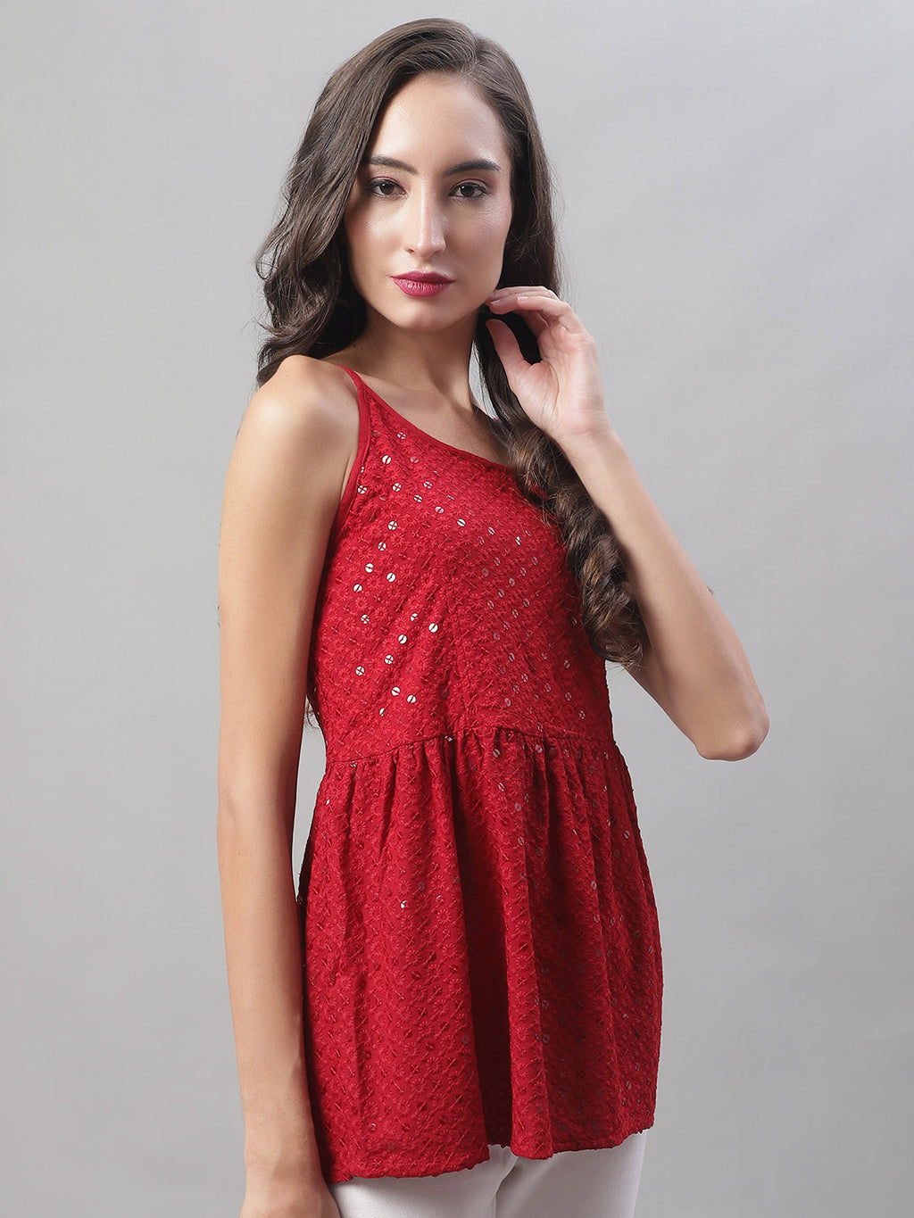 Jainish Women's WoChikankari Sequen Work Empire Top - Maroon