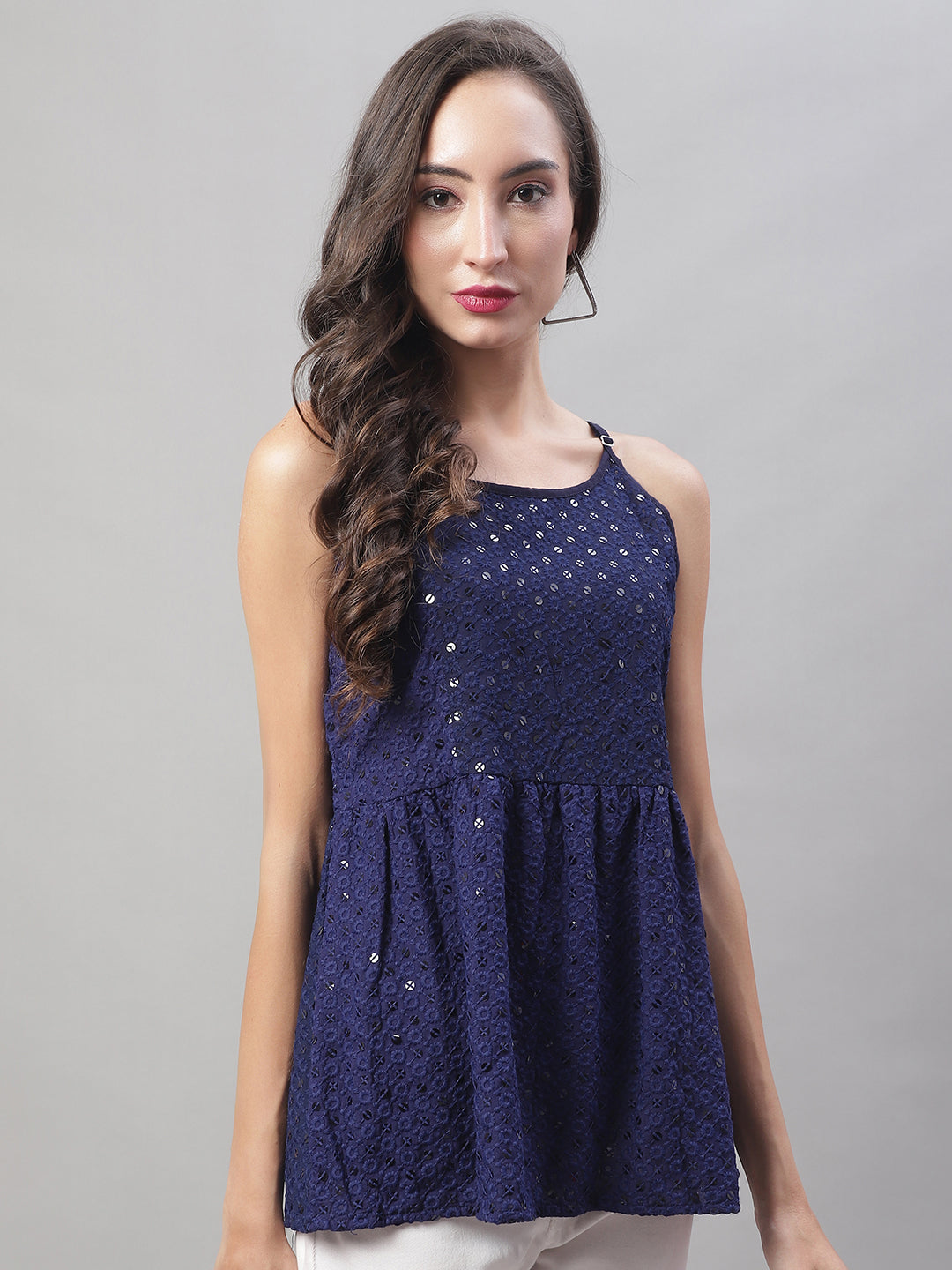 Jainish Women's WoChikankari Sequen Work Empire Top - Navy Blue