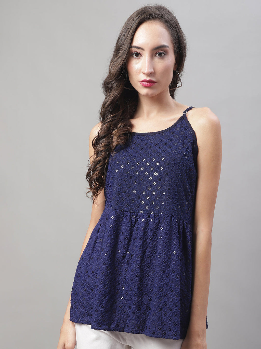 Jainish Women's WoChikankari Sequen Work Empire Top - Navy Blue