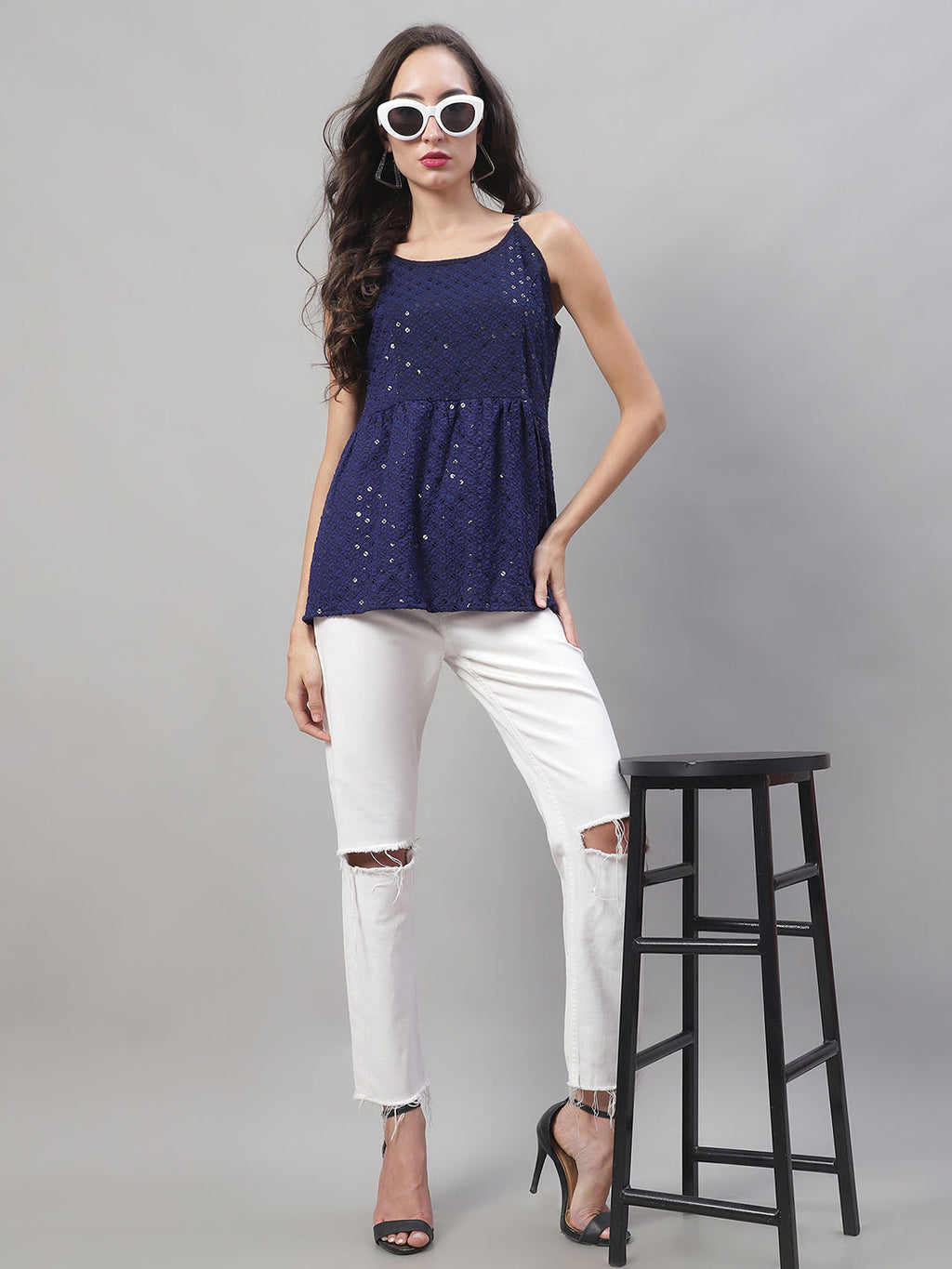 Jainish Women's WoChikankari Sequen Work Empire Top - Navy Blue
