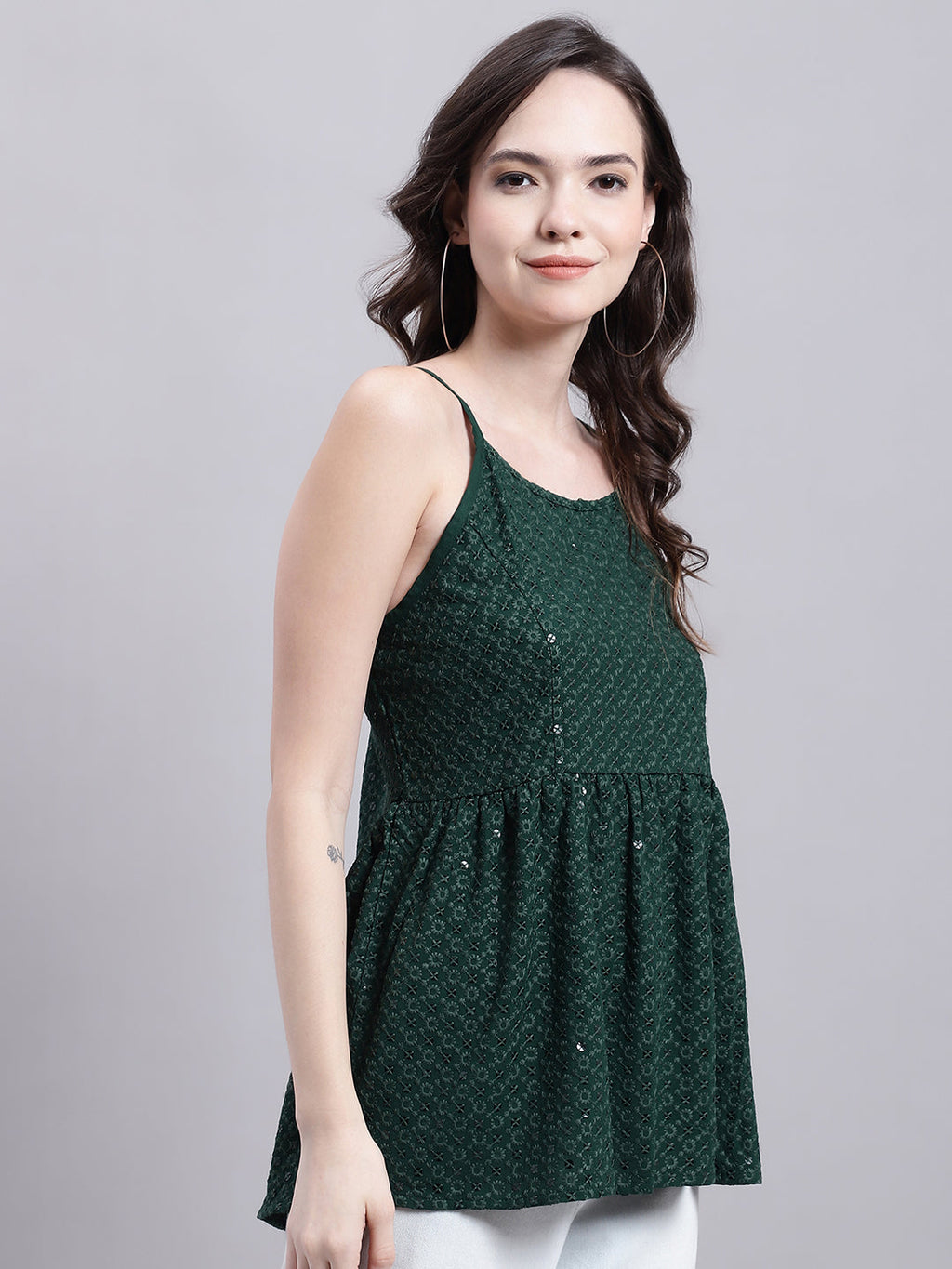 Jainish Women's WoOlive Green Chikankari Sequen Work Empire Top