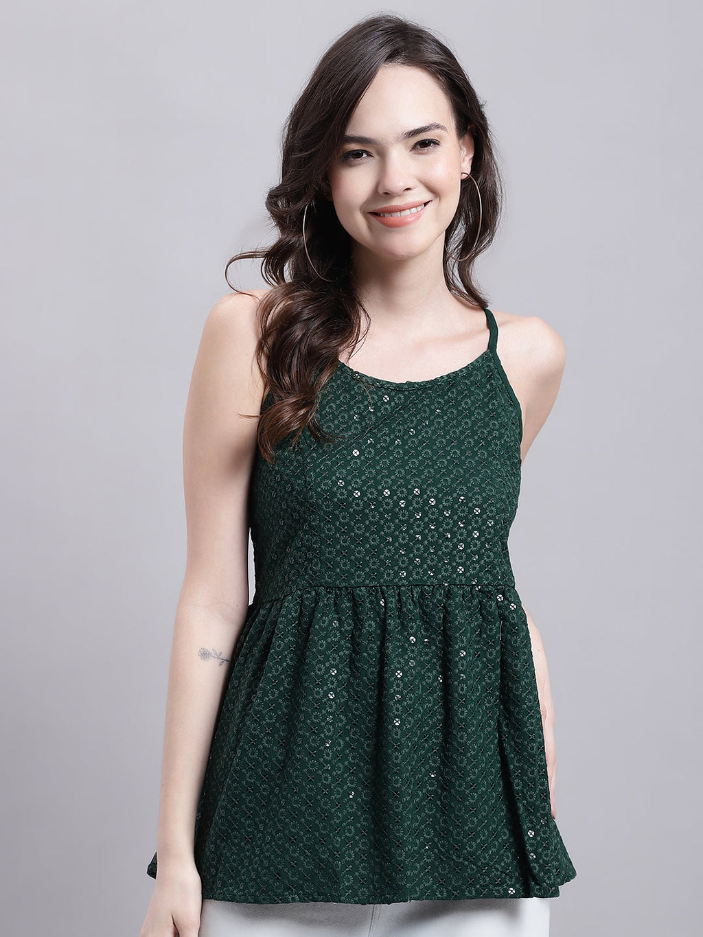 Jainish Women's WoOlive Green Chikankari Sequen Work Empire Top
