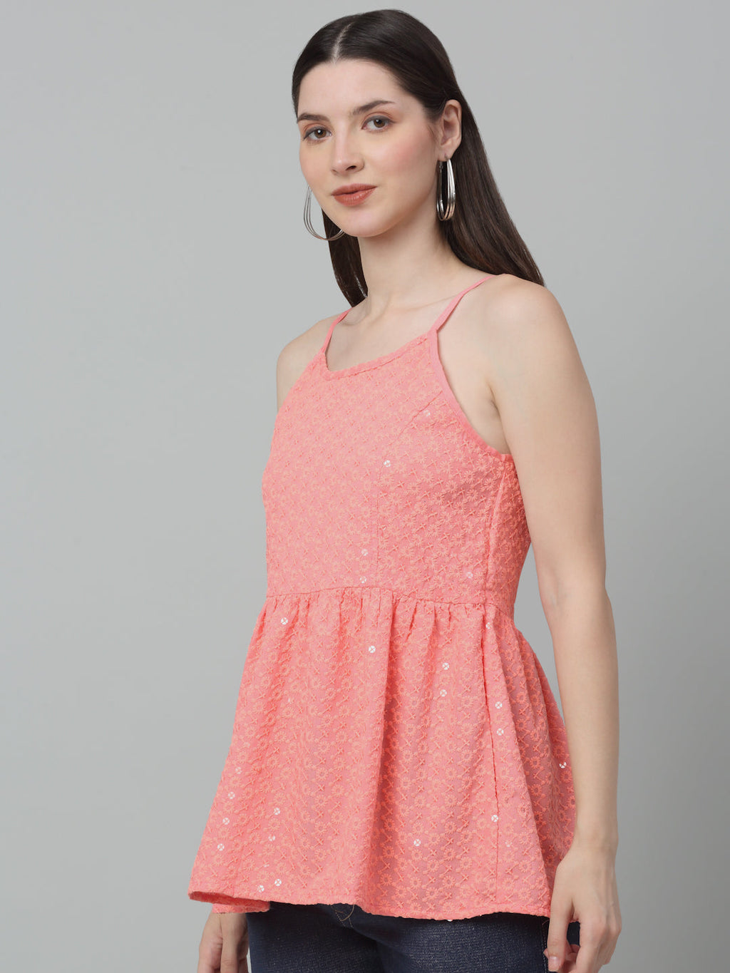Jainish Women's WoChikankari Sequen Work Empire Top - Peach