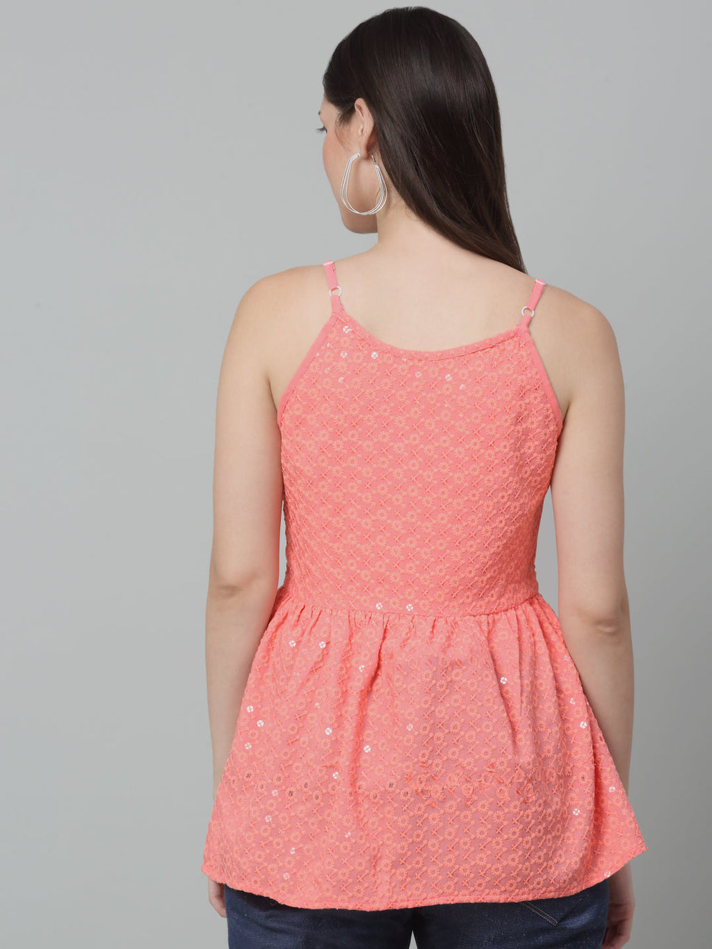 Jainish Women's WoChikankari Sequen Work Empire Top - Peach