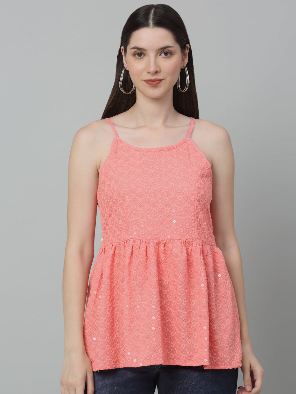 Jainish Women's WoChikankari Sequen Work Empire Top - Peach
