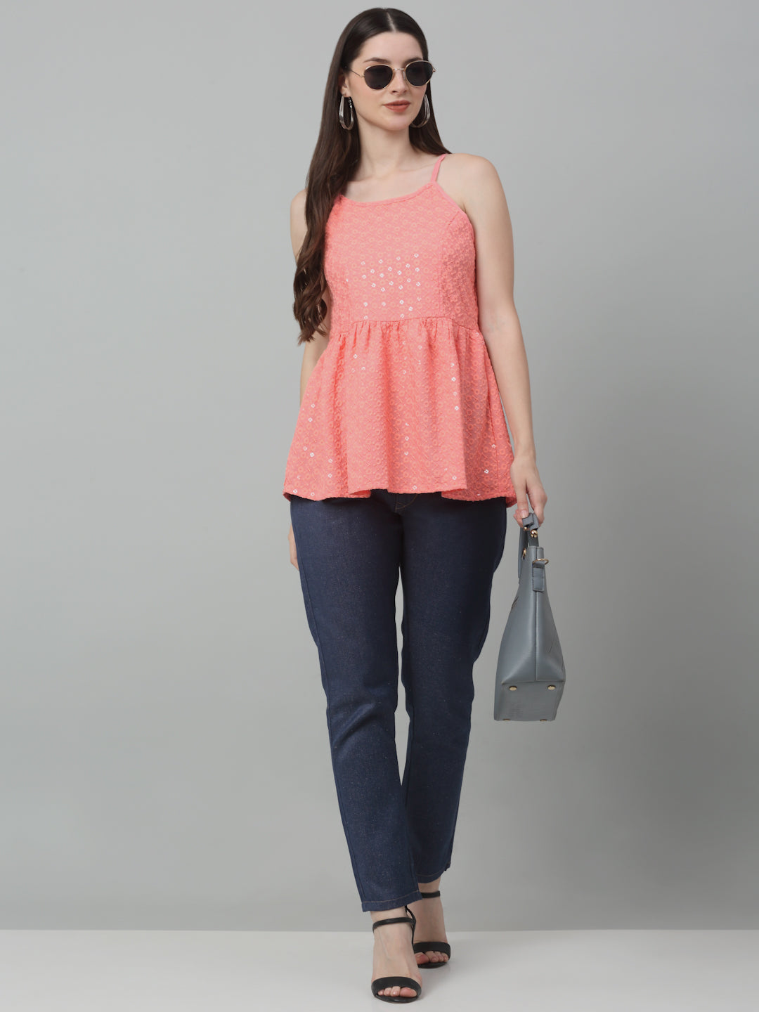 Jainish Women's WoChikankari Sequen Work Empire Top - Peach