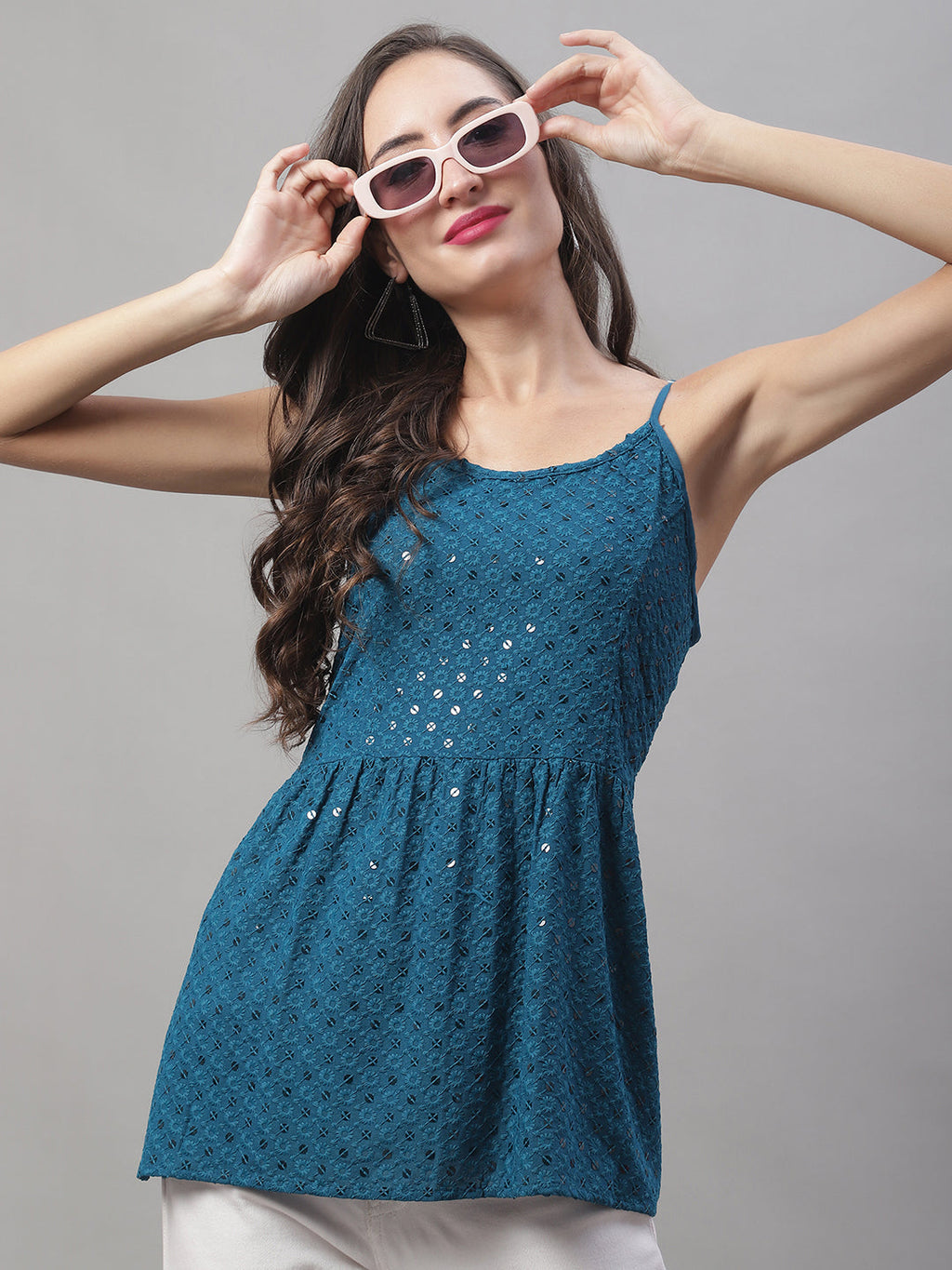 Jainish Women's WoChikankari Sequen Work Empire Top - Peacock