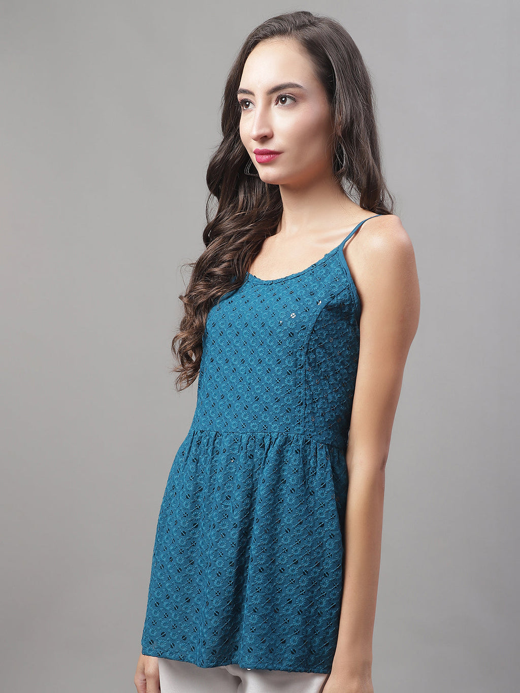Jainish Women's WoChikankari Sequen Work Empire Top - Peacock