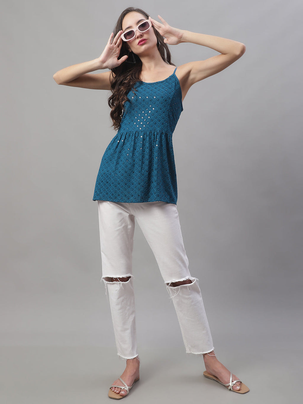 Jainish Women's WoChikankari Sequen Work Empire Top - Peacock
