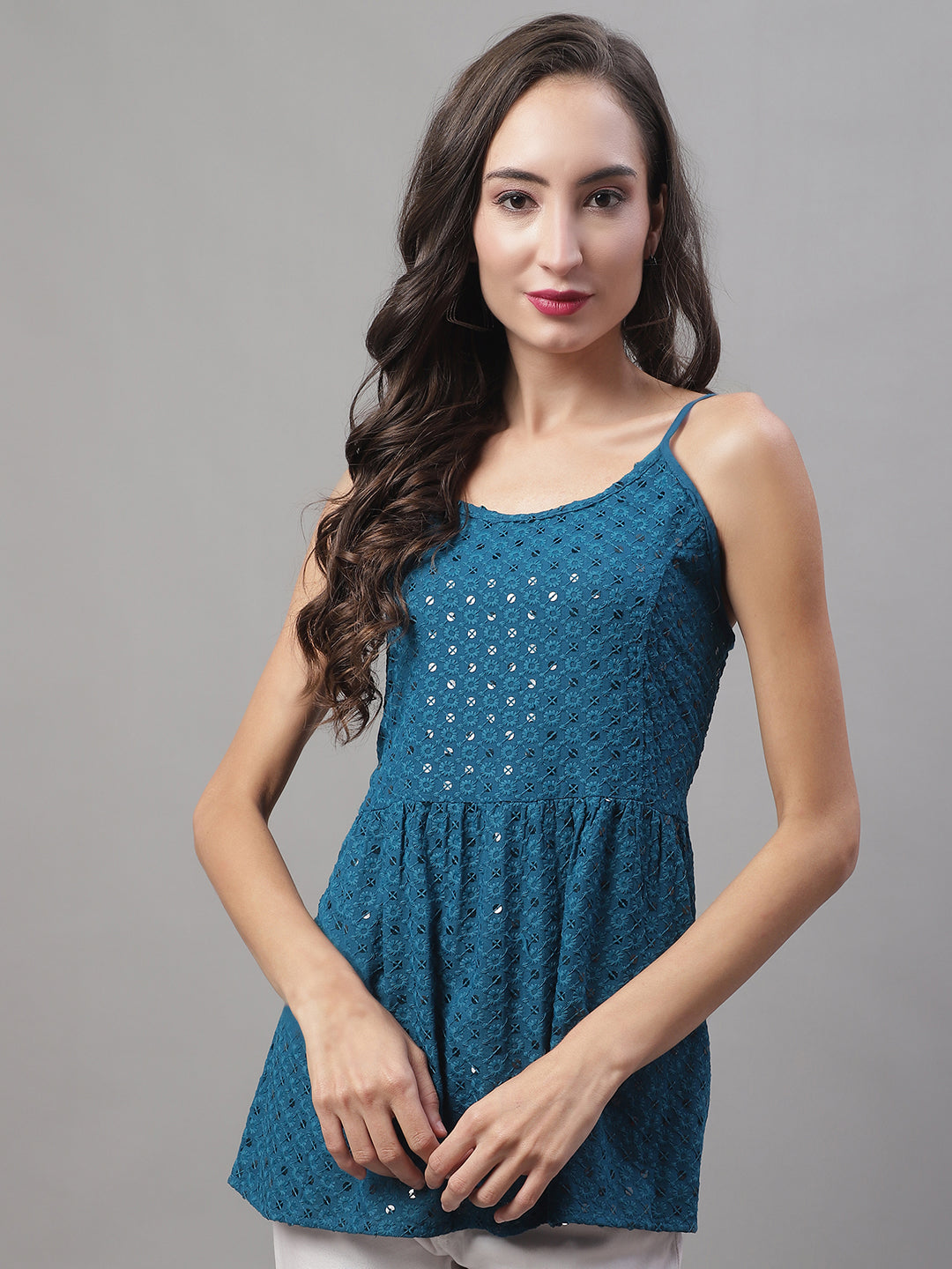 Jainish Women's WoChikankari Sequen Work Empire Top - Peacock