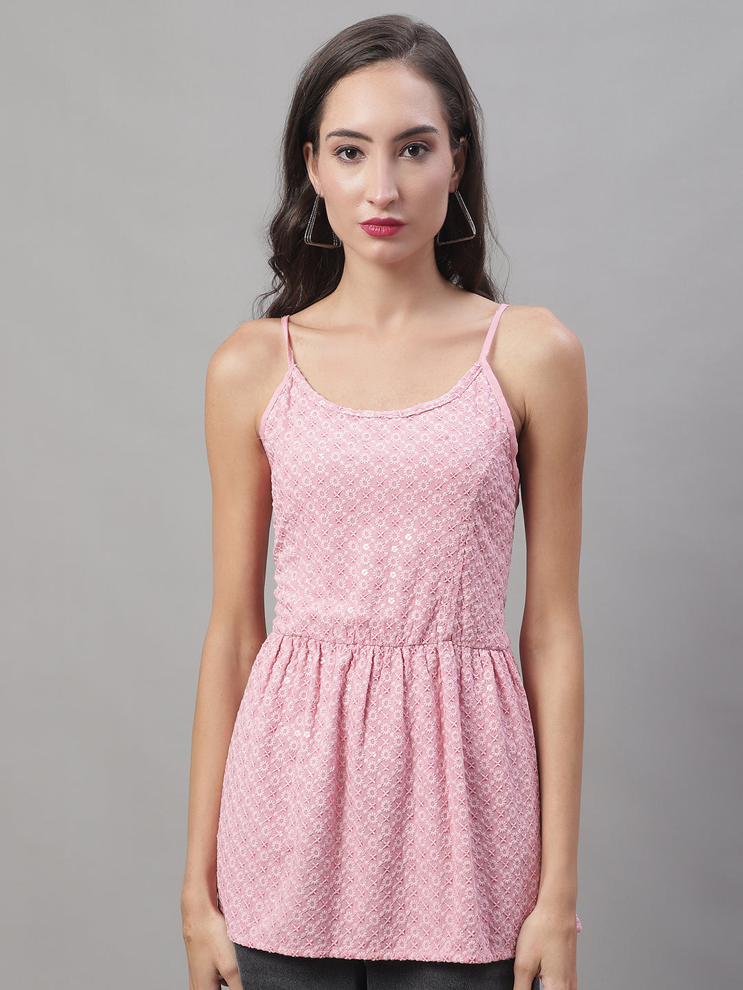 Jainish Women's WoChikankari Sequen Work Empire Top - Pink