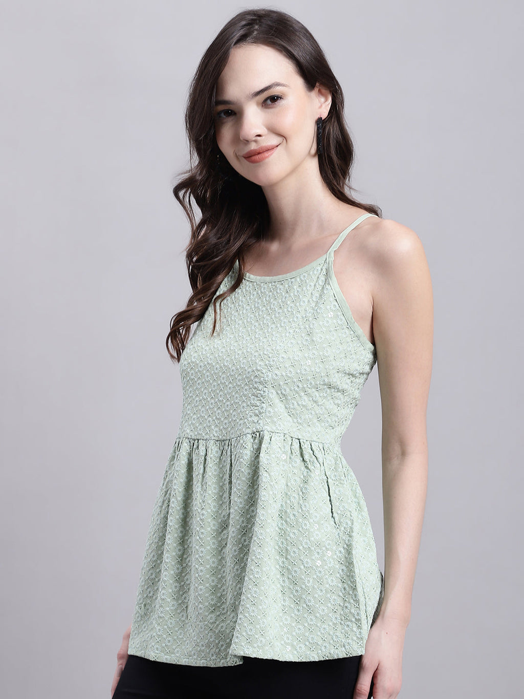 Jainish Women's WoPista Green Chikankari Sequen Work Empire Top