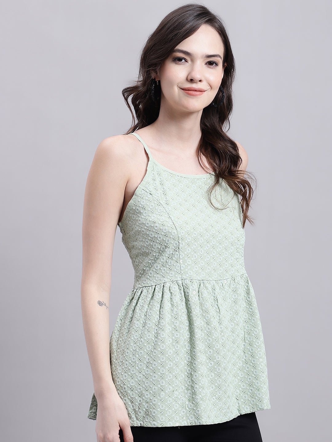 Jainish Women's WoPista Green Chikankari Sequen Work Empire Top