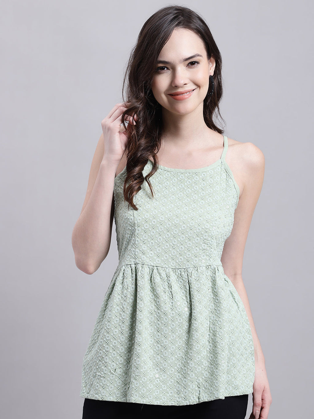 Jainish Women's WoPista Green Chikankari Sequen Work Empire Top