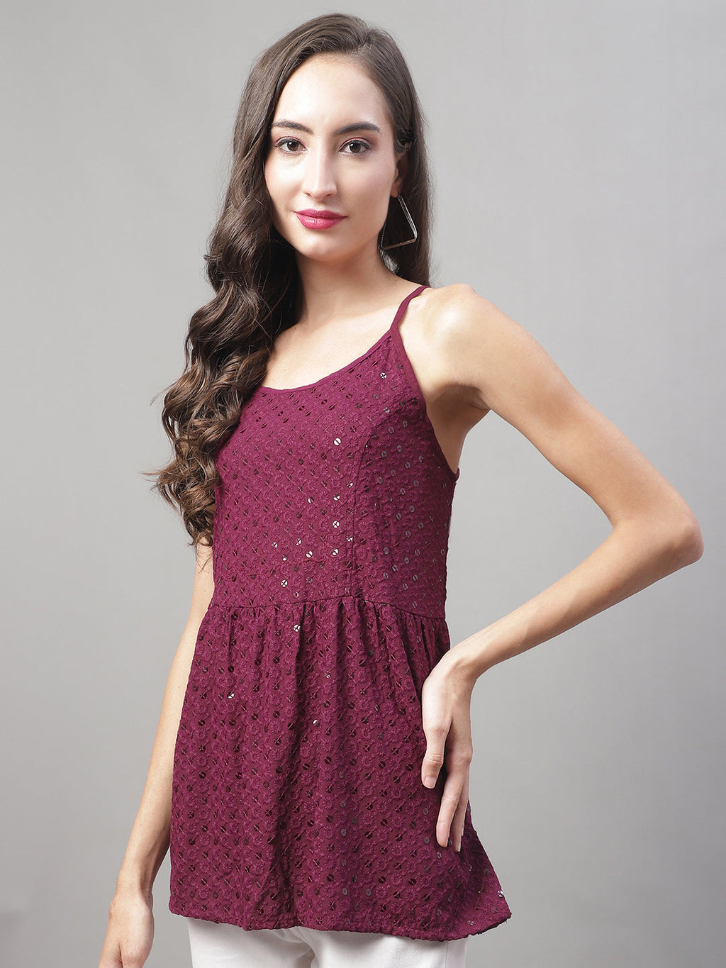Jainish Women's WoChikankari Sequen Work Empire Top - Purple
