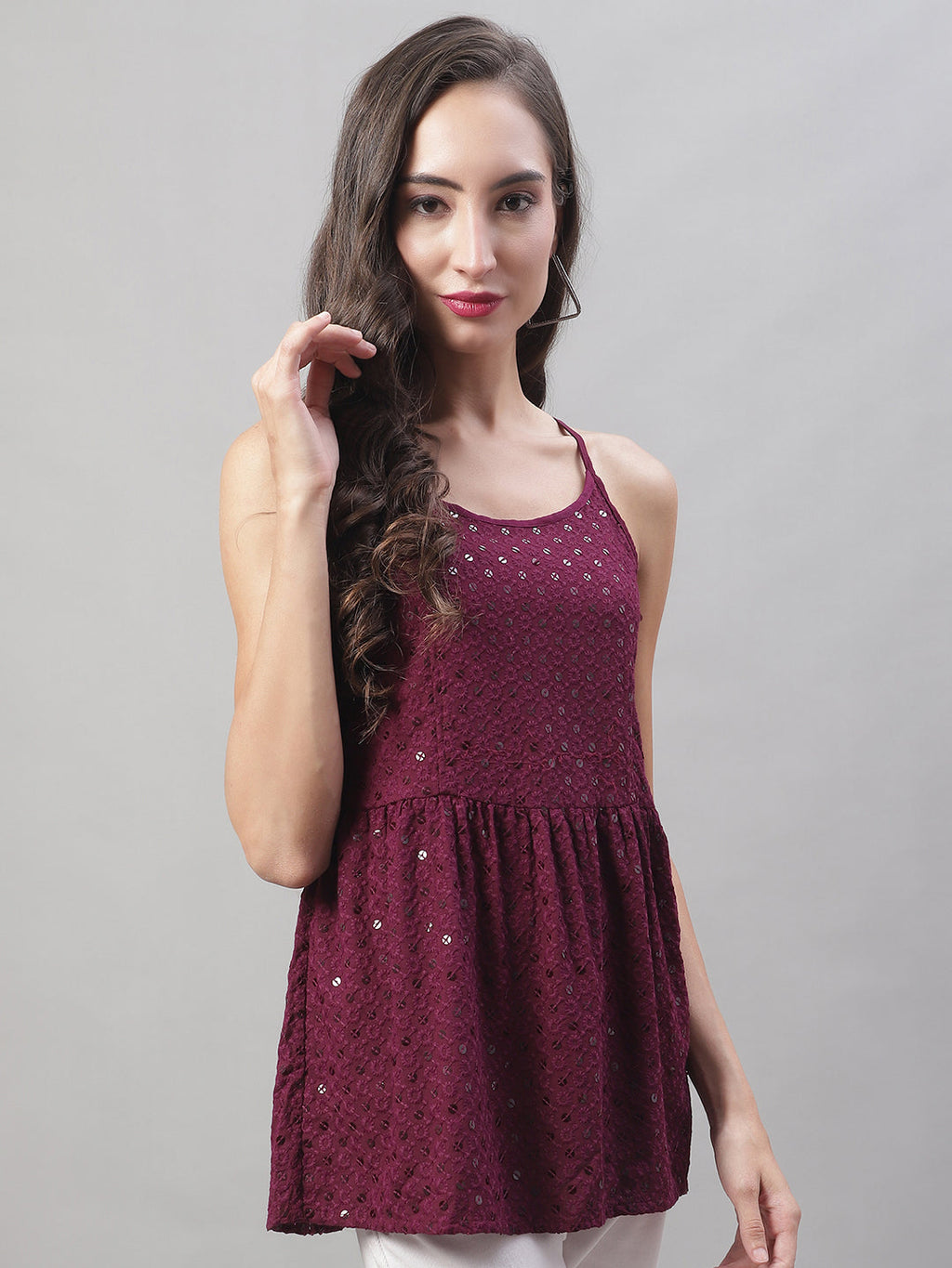 Jainish Women's WoChikankari Sequen Work Empire Top - Purple