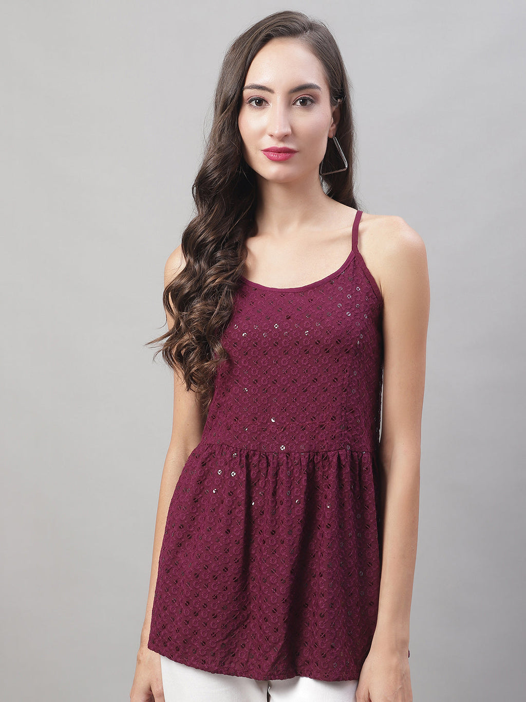 Jainish Women's WoChikankari Sequen Work Empire Top - Purple
