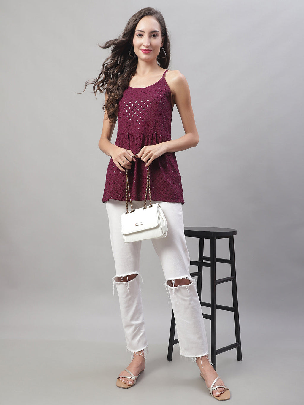 Jainish Women's WoChikankari Sequen Work Empire Top - Purple