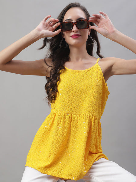 Jainish Women's WoChikankari Sequen Work Empire Top - Yellow