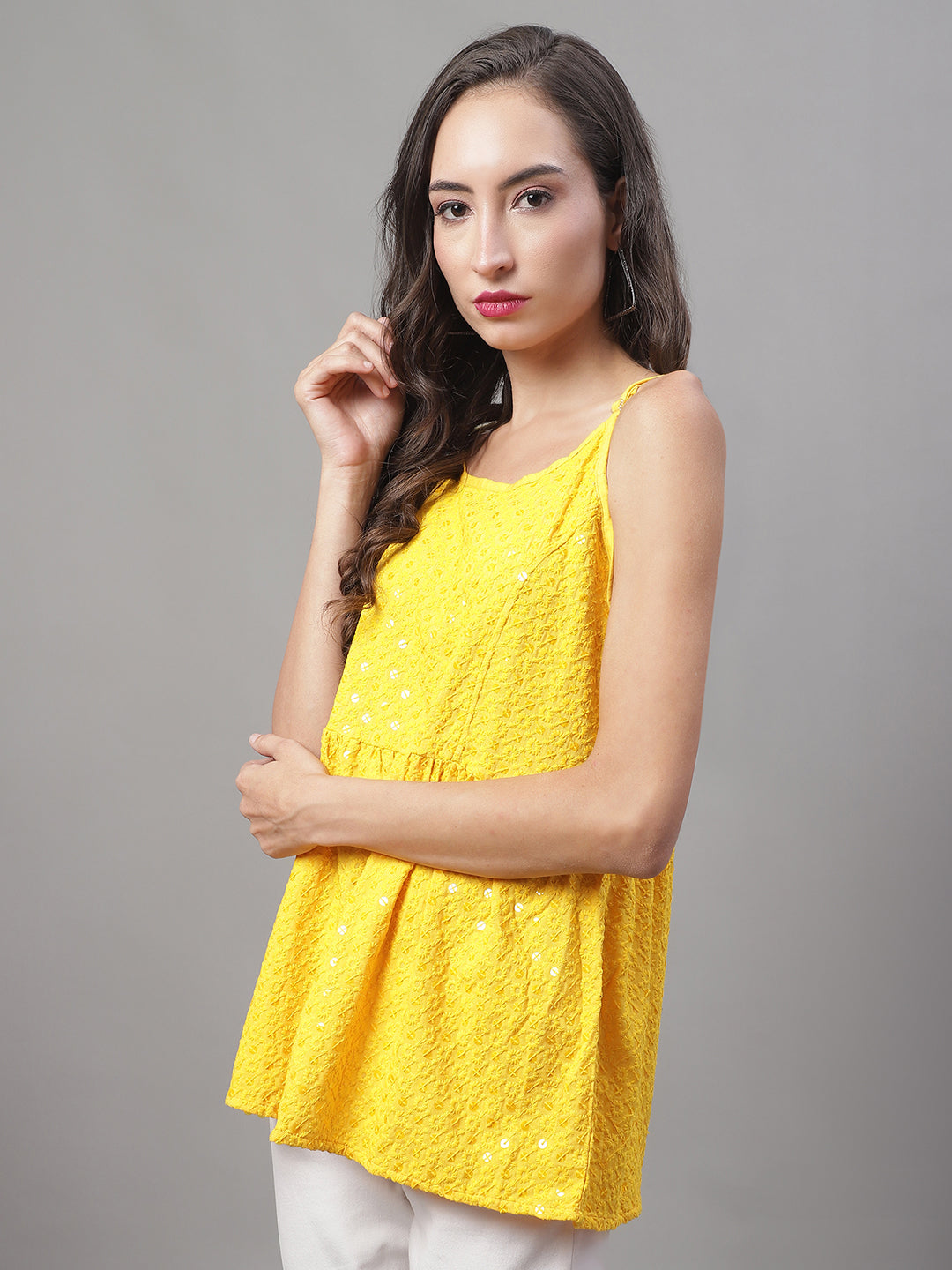 Jainish Women's WoChikankari Sequen Work Empire Top - Yellow