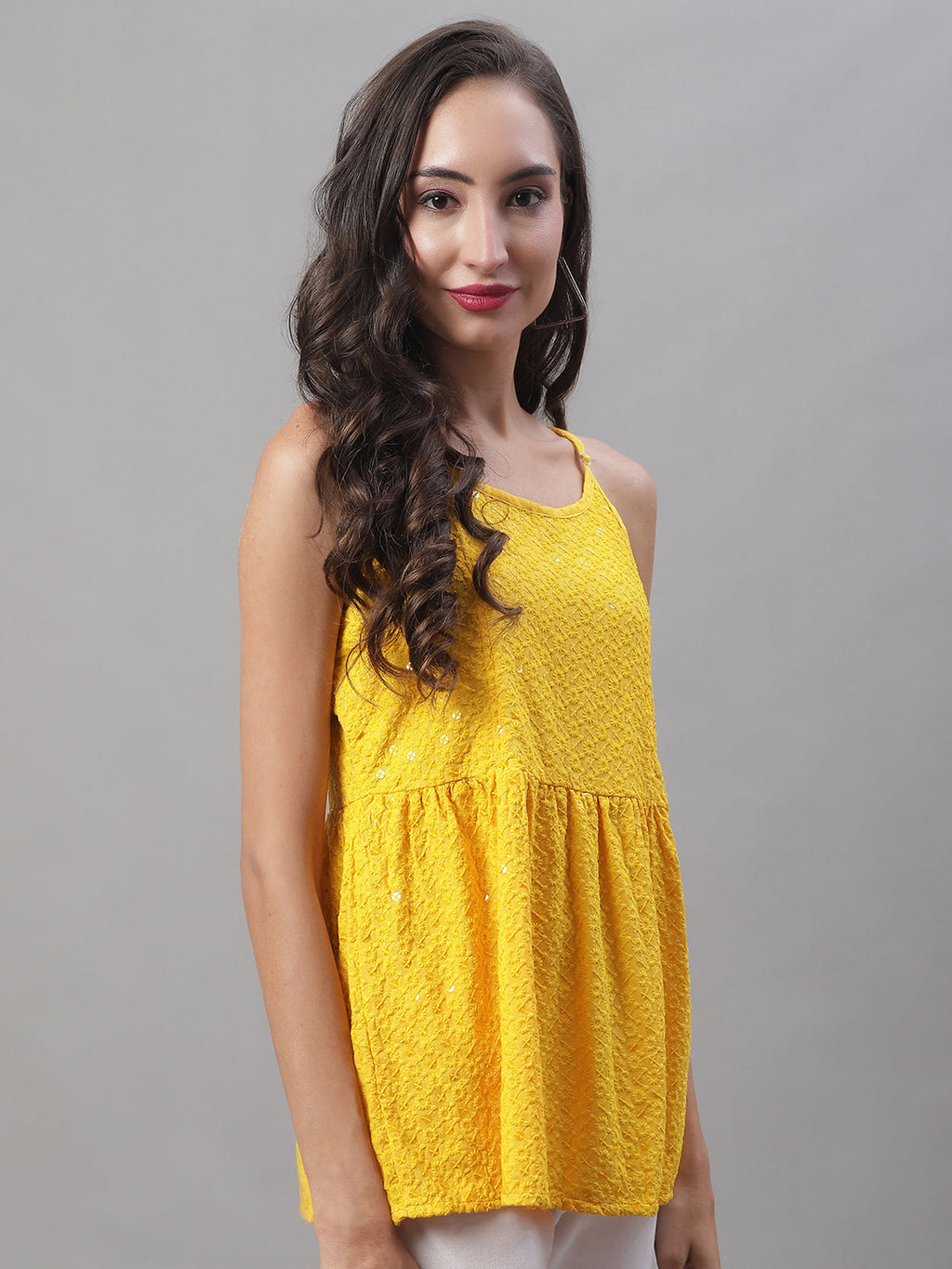 Jainish Women's WoChikankari Sequen Work Empire Top - Yellow