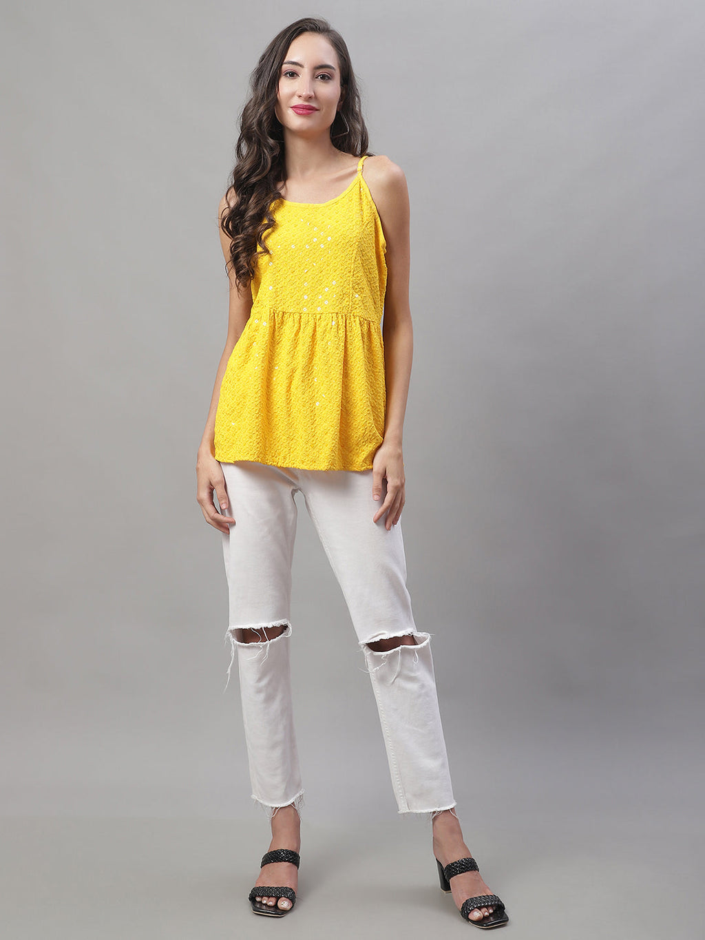 Jainish Women's WoChikankari Sequen Work Empire Top - Yellow