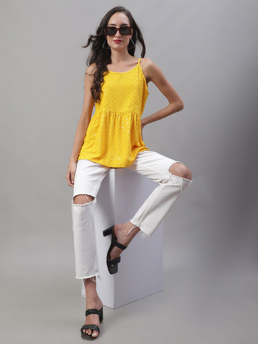 Jainish Women's WoChikankari Sequen Work Empire Top - Yellow