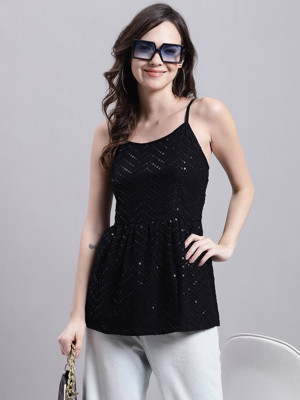Jainish Women's WoBlack Chikankari Sequen Work Empire Top