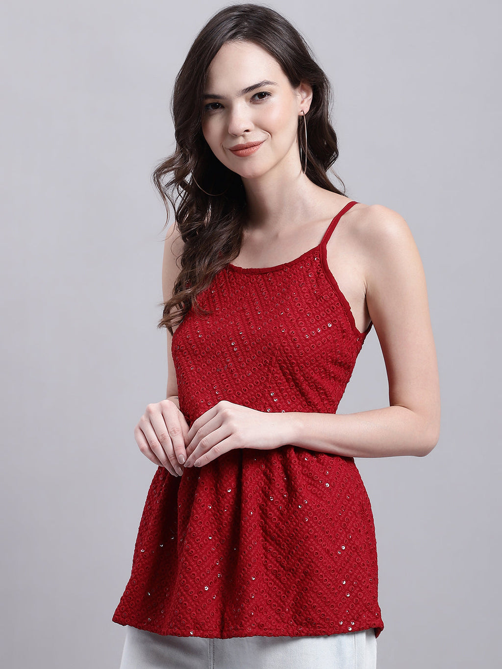 Jainish Women's WoMaroon Chikankari Sequen Work Empire Top