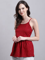 Jainish Women's WoMaroon Chikankari Sequen Work Empire Top