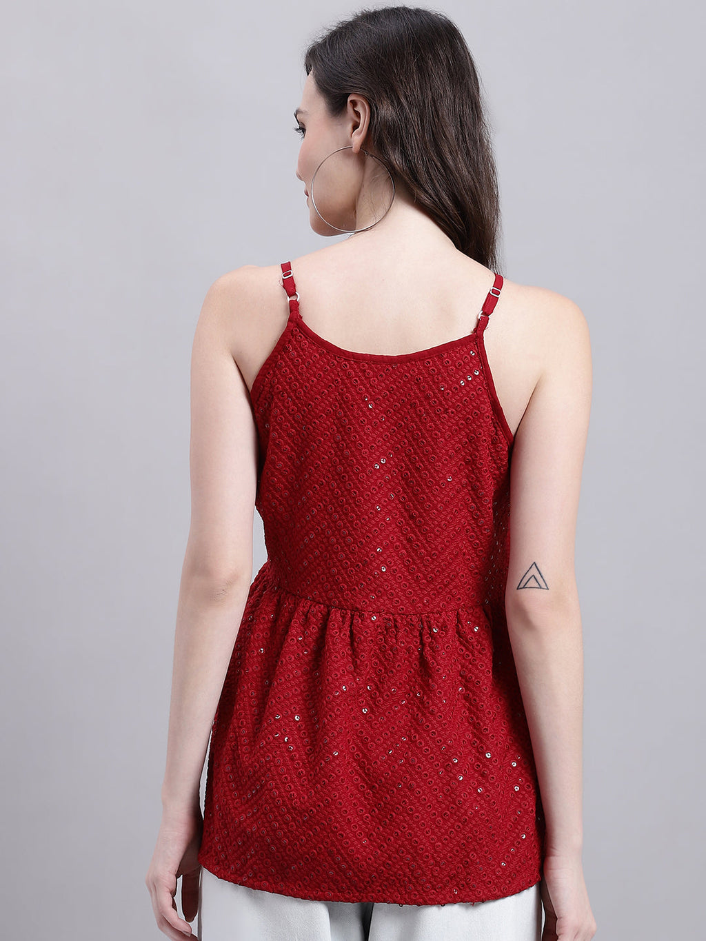 Jainish Women's WoMaroon Chikankari Sequen Work Empire Top