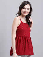 Jainish Women's WoMaroon Chikankari Sequen Work Empire Top