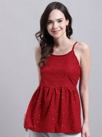 Jainish Women's WoMaroon Chikankari Sequen Work Empire Top