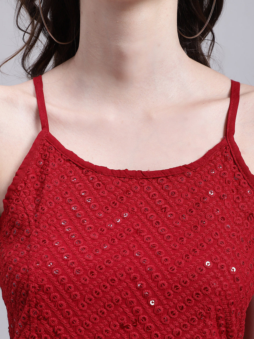 Jainish Women's WoMaroon Chikankari Sequen Work Empire Top