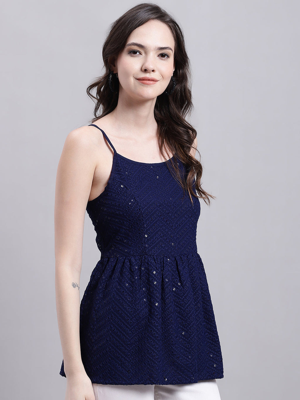 Jainish Women's WoNavy Blue Chikankari Sequen Work Empire Top