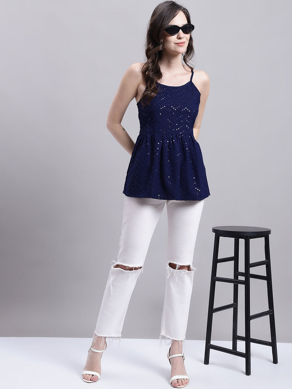 Jainish Women's WoNavy Blue Chikankari Sequen Work Empire Top