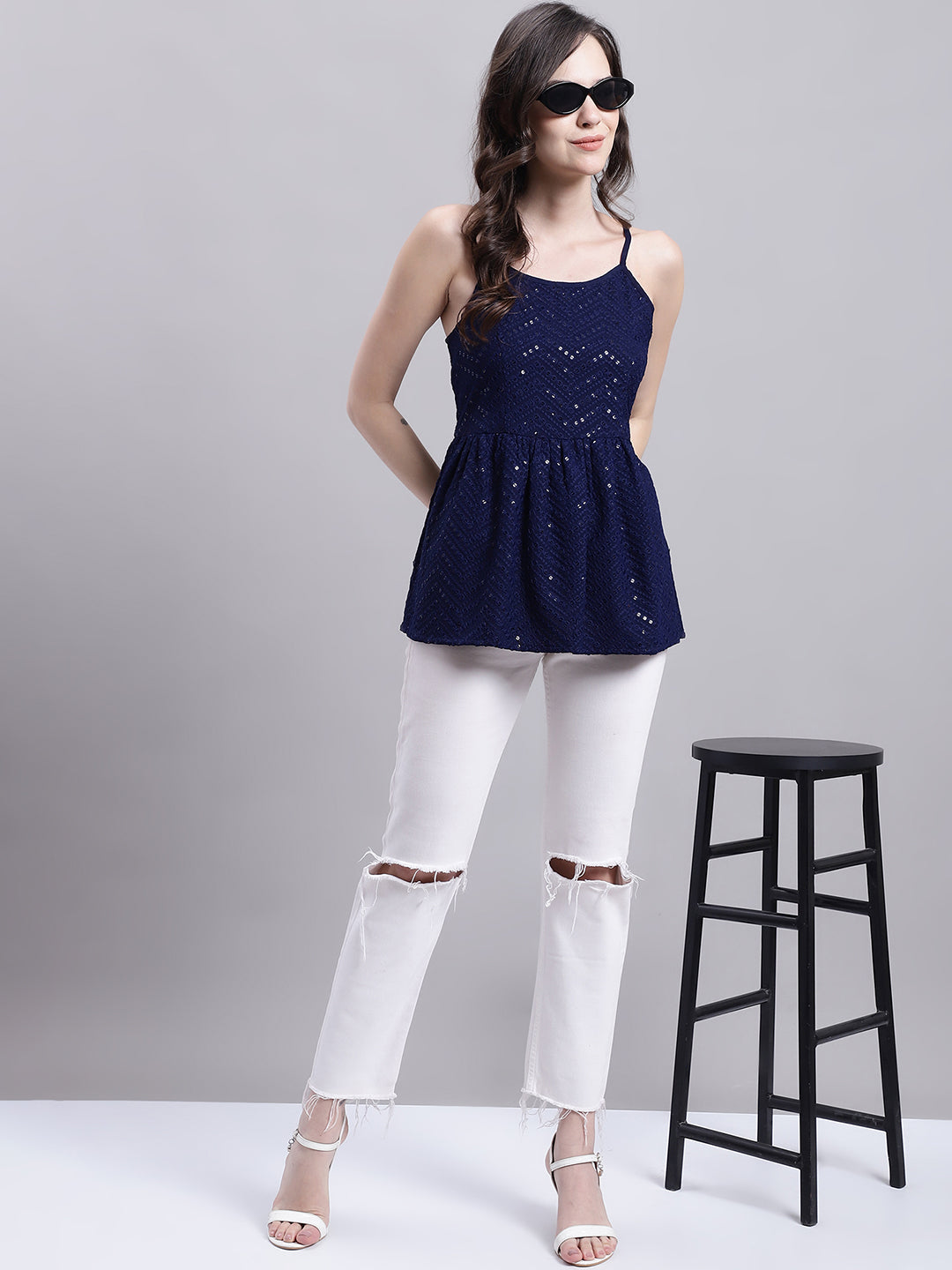 Jainish Women's WoNavy Blue Chikankari Sequen Work Empire Top
