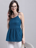 Jainish Women's WoPeacock Blue Chikankari Sequen Work Empire Top