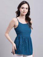 Jainish Women's WoPeacock Blue Chikankari Sequen Work Empire Top