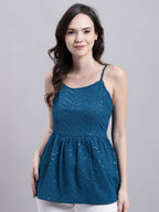 Jainish Women's WoPeacock Blue Chikankari Sequen Work Empire Top