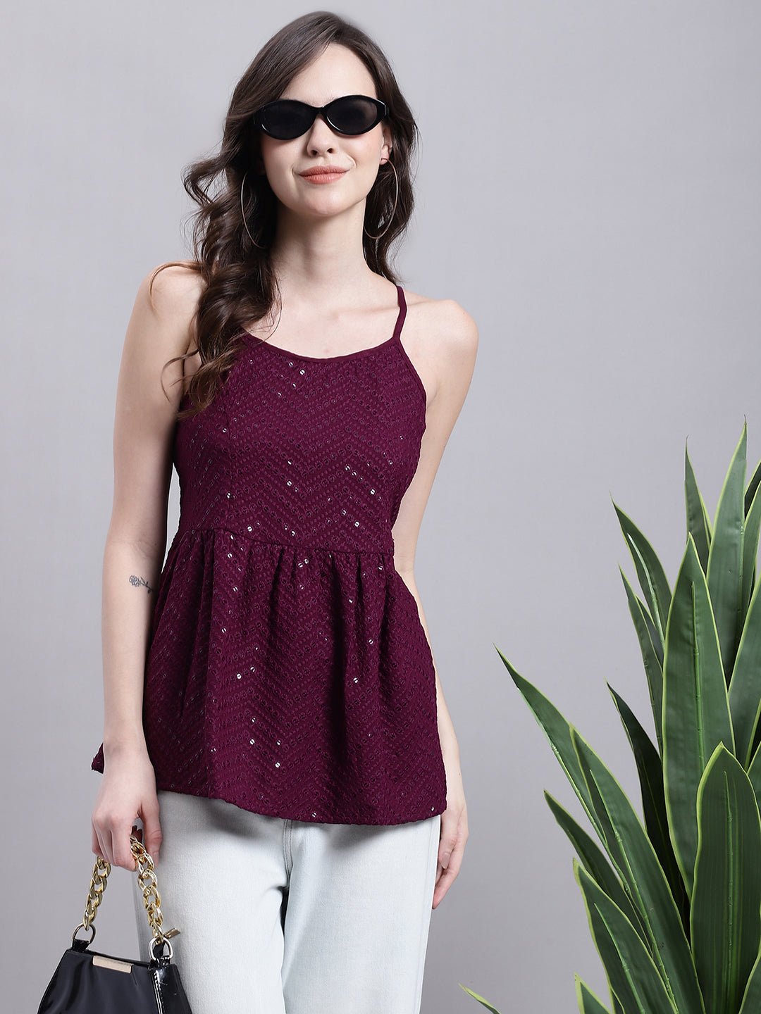 Jainish Women's WoPurple Chikankari Sequen Work Empire Top
