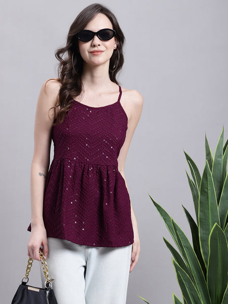 Jainish Women's WoPurple Chikankari Sequen Work Empire Top