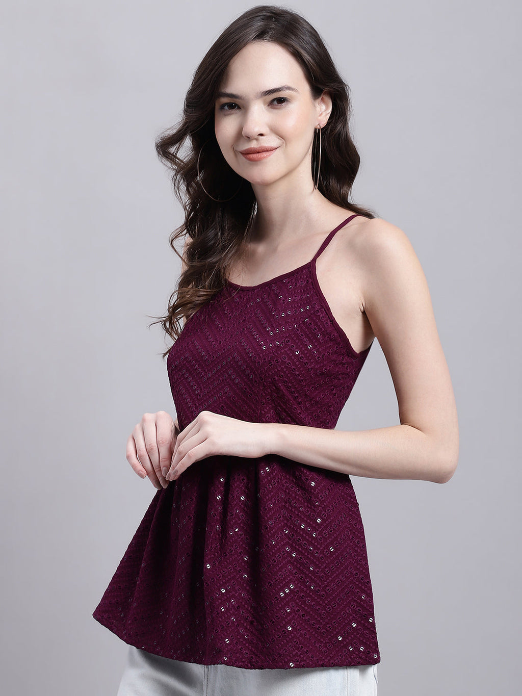 Jainish Women's WoPurple Chikankari Sequen Work Empire Top